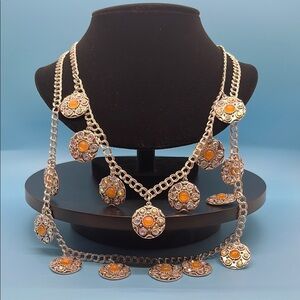 #26 Silver and Orange Layered Necklace with Circular Pendants